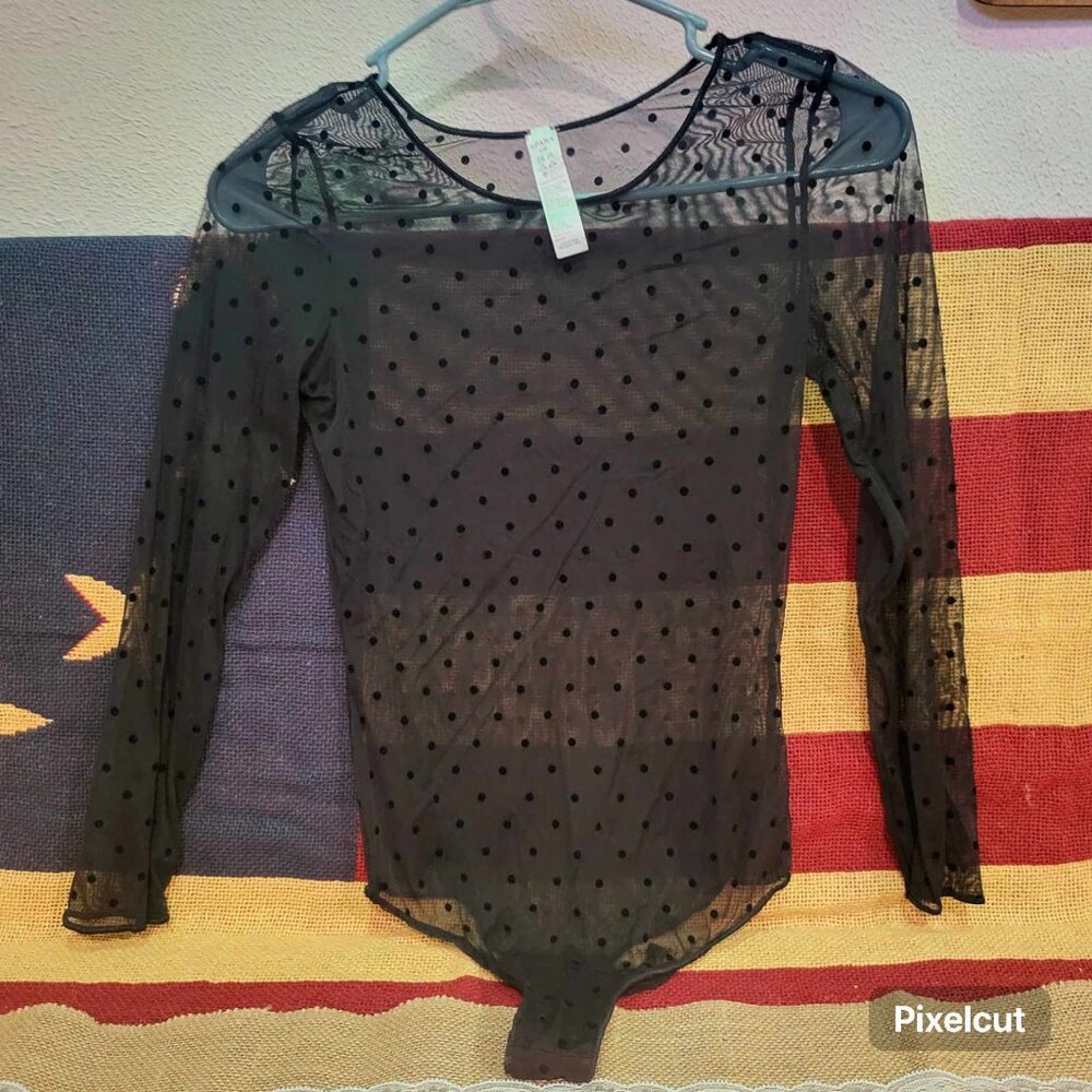 SPANX size L sheer black polka dot thong bodysuit.